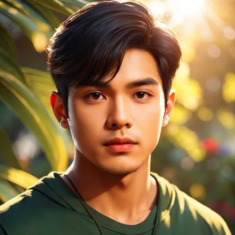 Close-up photo, A young Southeast Asian man with a round face., Short, cropped hair,black eyes,abdominal muscles, perfect body, outdoor, Warm light, The morning sun shines beautifully., (digital painting, HDR, high contrast), 3d, 8k, 45,000,000 pixcls, realistically,