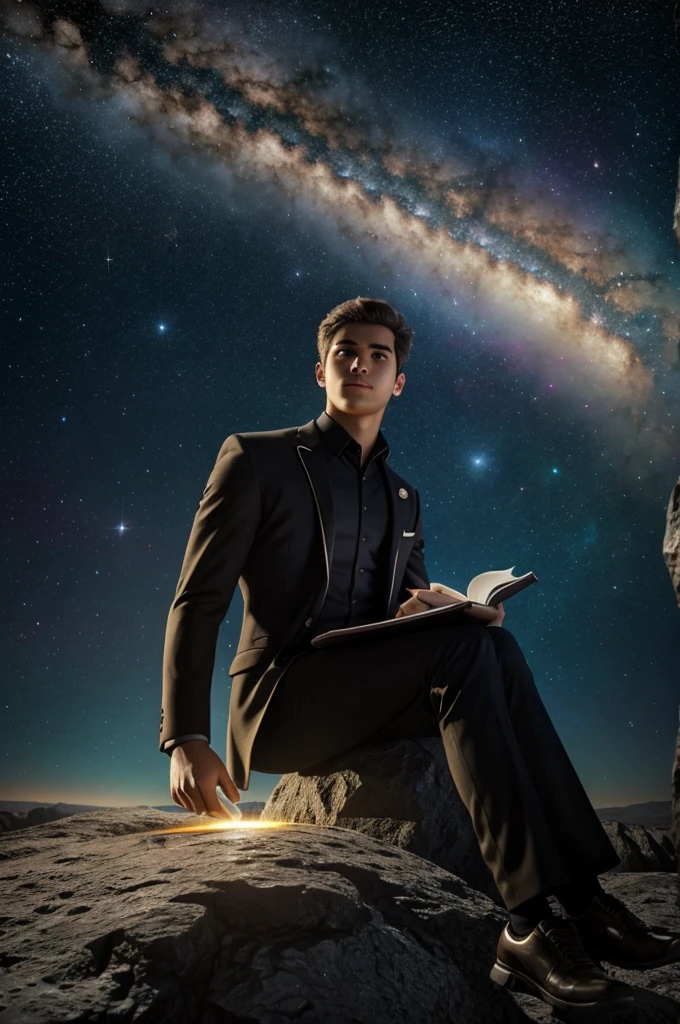 Draw a young programmer., sitting on a rock cross, floating in the middle of an asteroid belt. He is studying with a notebook., surrounded by several asteroids that shine with fiery auras. Spectacular illumination of distant stars and planets illuminates the scene., casting deep shadows on the suit. The young man seems confident and determined., looking at the vast and mysterious universe with awe and respect,facial hair