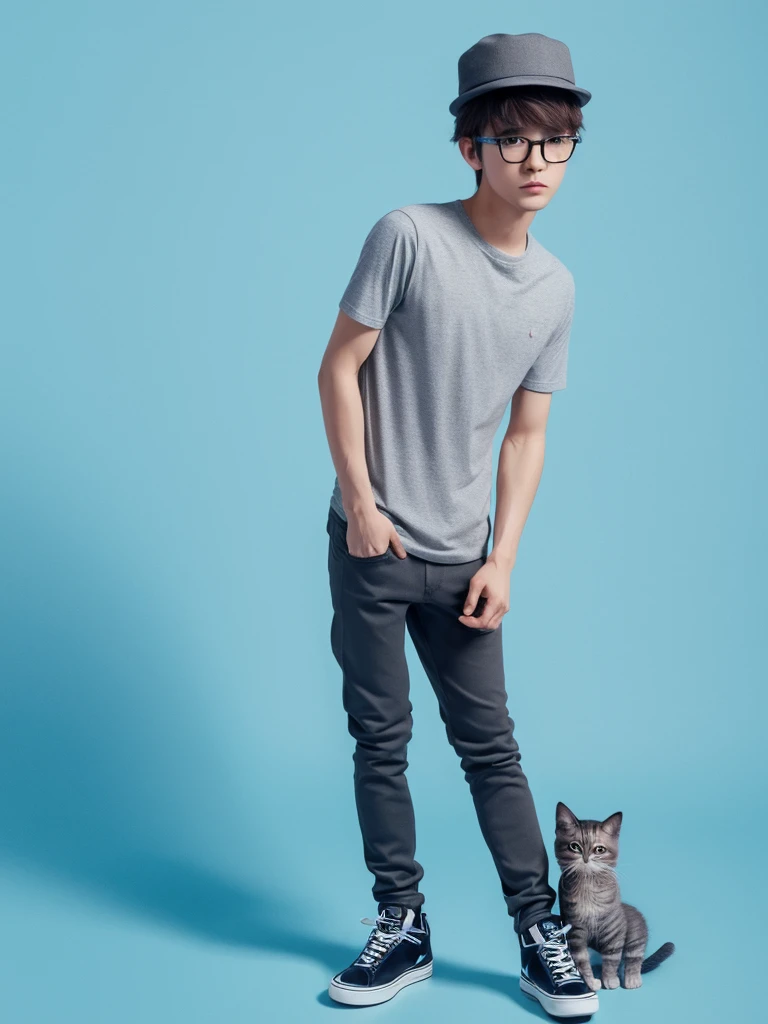 cute clay short gray haired boy wearing a hat,Wear glasses,T-shirt, tight pants, black shoes,Facing straight,stand next to kitten,Light blue background, 3D isomatric animation