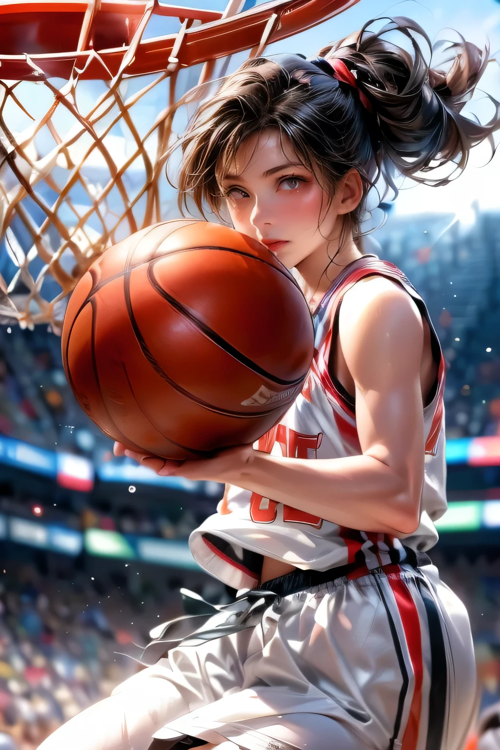 detailed photo of a tall woman in a basketball uniform, beautiful detailed eyes, beautiful detailed lips, extremely detailed face, long eyelashes, muscular athletic build, jumping high for a slam dunk, basketball court environment, people cheering in the background, rim lighting, dynamic basketball gameplay, physically-based rendering, professional sports illustration, vivid colors, dramatic lighting, detailed face, detailed eyes, detailed nose, detailed lips, dynamic action pose, (best quality,4k,8k,highres,masterpiece:1.2),ultra-detailed,(realistic,photorealistic,photo-realistic:1.37)