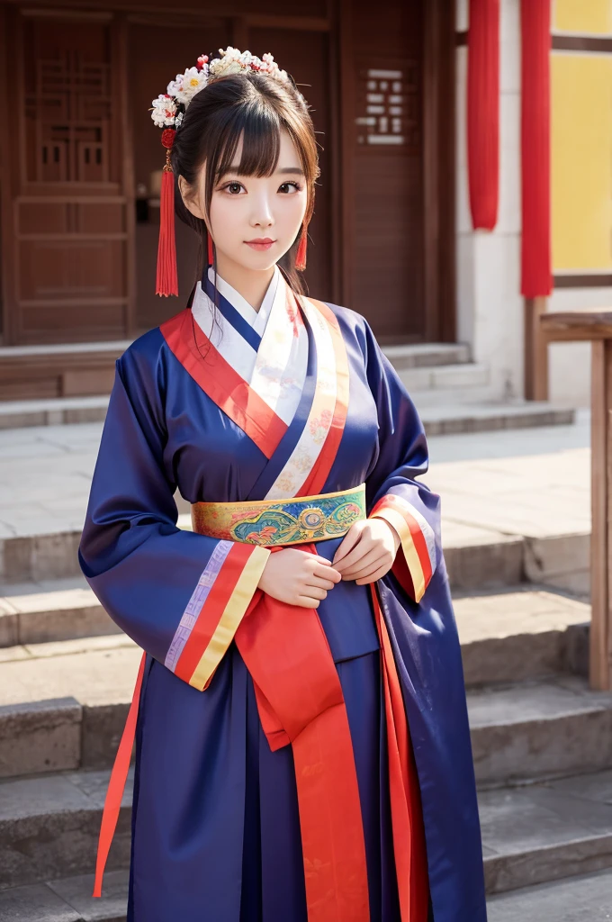 She is wearing a Chinese court hanbok, and you can see her breasts and stomach. Her hair is shaped like an old Chinese palace. 30 years old The background is a Chinese palace