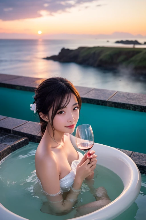 Hot spring with ocean view、Hinoki bath、Outdoor、Perfect Style、sunset、Romantic Sceneasterpiece、High definition、woman、Age 25、Staring at me intently、Blushed expression、Perfect Plump Lips、Soaking in hot water、holding a wine glass filled with white wine、(Crystal clear water)、日本人woman、