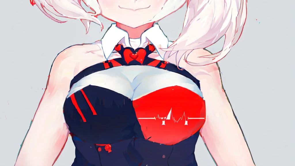 anime girl with white hair and a red heart on her chest, yandere. tall, junko enoshima from danganronpa, gapmoe yandere, yandere, digital art from danganronpa, yandere intricate, [[[[grinning evily]]]], attractive matoi ryuko, kantai collection style, heart emblem on chest