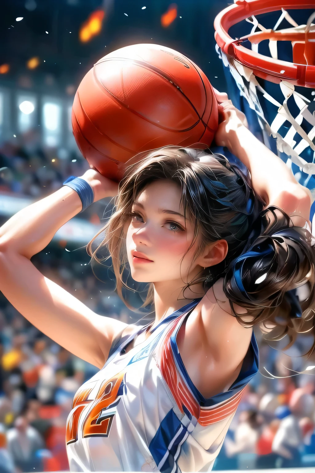 detailed photo of a tall woman in a basketball uniform, beautiful detailed eyes, beautiful detailed lips, extremely detailed face, long eyelashes, muscular athletic build, jumping high for a slam dunk, basketball court environment, people cheering in the background, rim lighting, dynamic basketball gameplay, physically-based rendering, professional sports illustration, vivid colors, dramatic lighting, detailed face, detailed eyes, detailed nose, detailed lips, dynamic action pose, (best quality,4k,8k,highres,masterpiece:1.2),ultra-detailed,(realistic,photorealistic,photo-realistic:1.37)