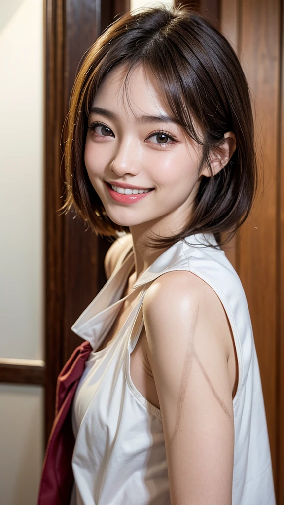 高いest quality, masterpiece, ultra 高い resolution, (realistic:1.4), 20-year-old,1 girl,Super 高い quality,8K,thinウエスト,thin脚,thin and beautiful arms,beautiful fingers,sale eye makeup,thin,Medium chest,soft chest,mini skirt,brown long hair,thinジャケット,realistic,picture media chest)),((toothy smile)),((big smile))