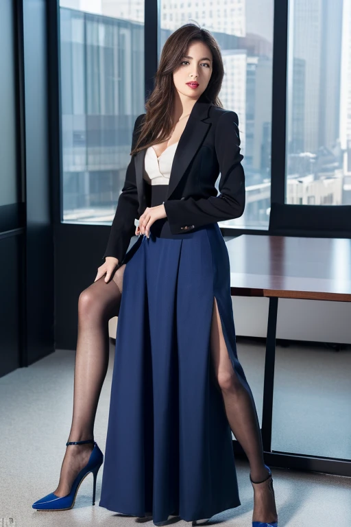 ((Highest quality、Ultra-high resolution、masterpiece)),((Full body portrait))、Blue blazer、(Blue midi skirt:1.4)、Delicate face、Detailed eyes and face、double eyelid、Lustrous red lips、Slender,High floor office、There is a large window、Detailed Background、Cleavage、Happy expression、Sitting pose，black silk pantyhose,High heels、1 girl