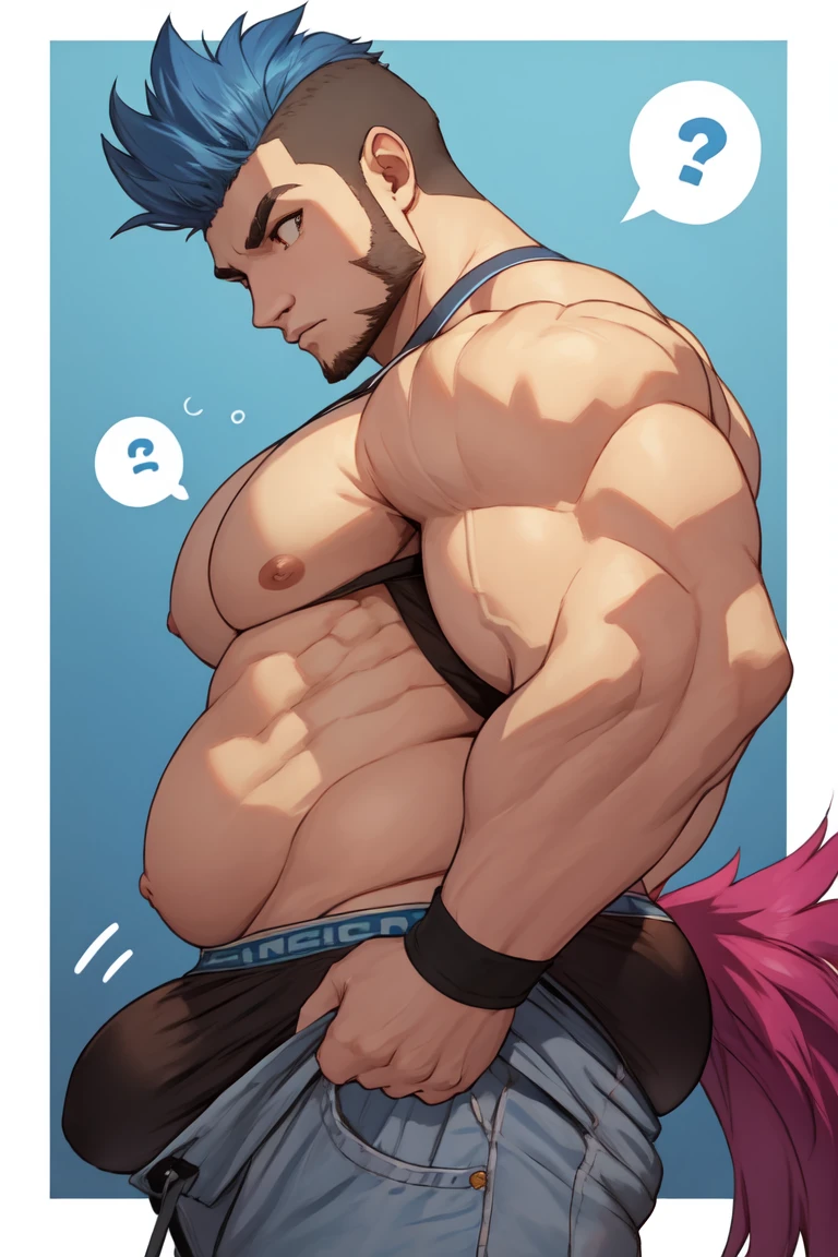 score_9, score_8_up, score_7_up, score_6_up, score_5_up, score_4_up, 1boy, big_pectorals, big_muscles, dad_bod, soft_belly, action_in_the_front_faux_hawk, dark_blue_hair