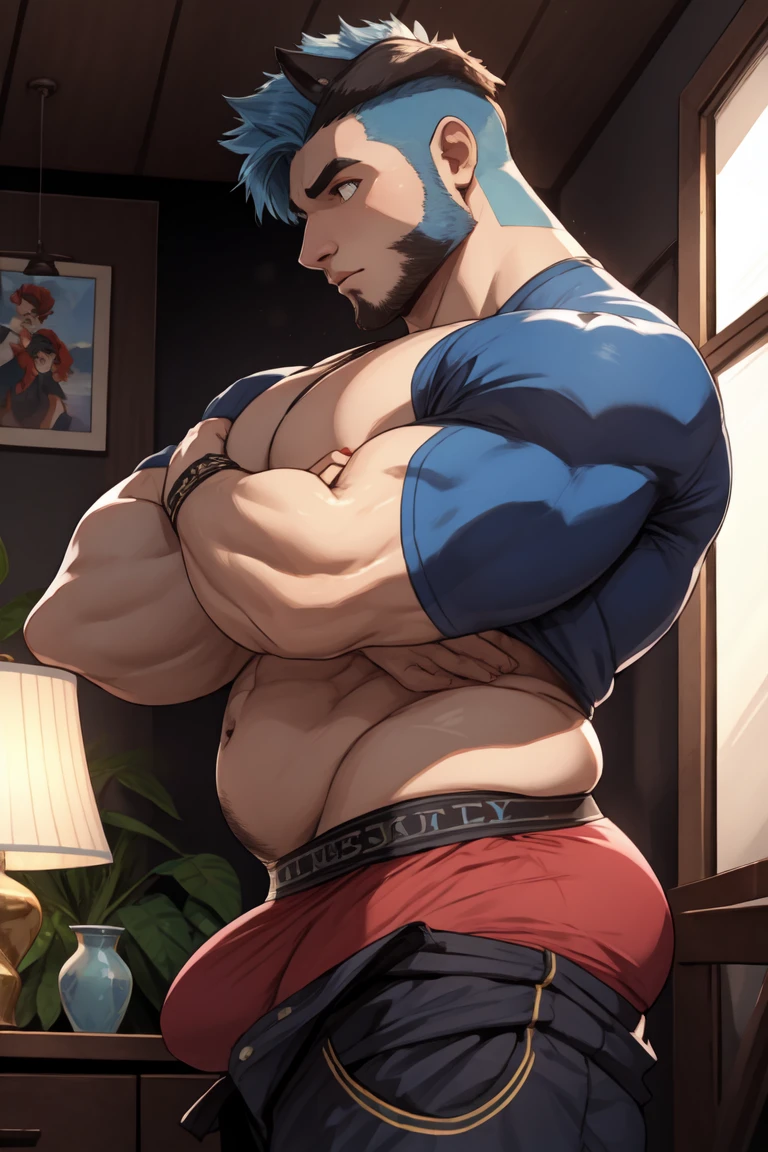 score_9, score_8_up, score_7_up, score_6_up, score_5_up, score_4_up, 1boy, big_pectorals, big_muscles, dad_bod, soft_belly, action_in_the_front_faux_hawk, dark_blue_hair