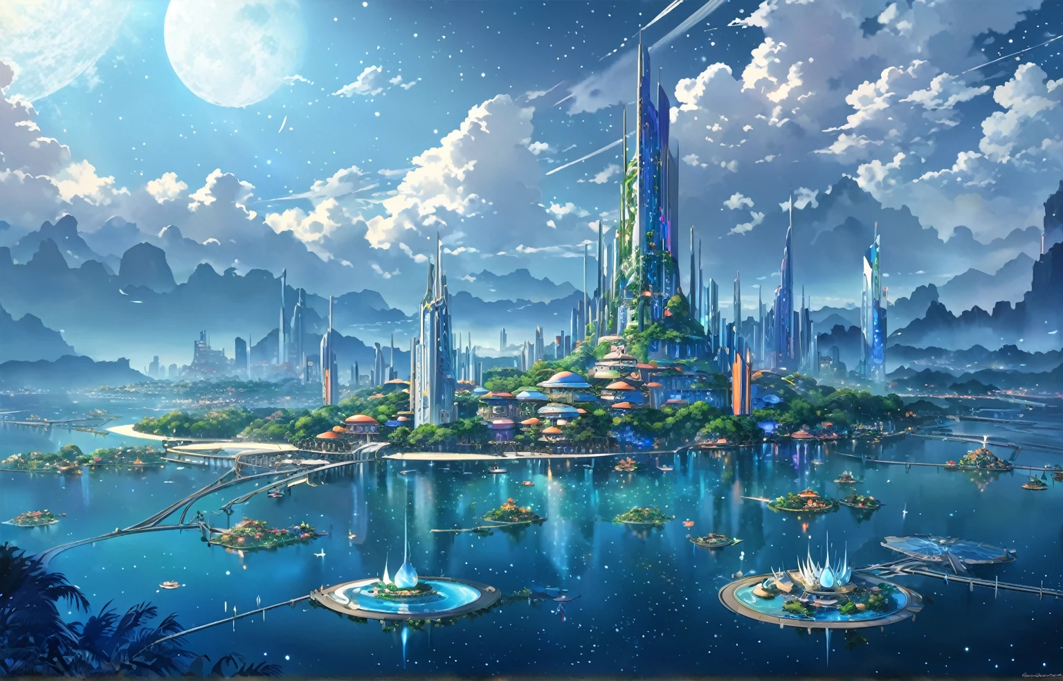 A painting of a Highly detailed, beautiful landscape, Futuristic city fantasy city, metropolitan, theme park, resort, tropical area, city middle of tropical island, beautiful beach, concept art inspired by Tosa Mitsuoki, pixiv contest winner, best quality, fantasy art, beautiful anime scene, , dream painting, Anime Background Art, Fantasy Landscape Art, Fantasy Night, Anime Background, Background Artwork, Fantastic Art, Atmospheric Anime, Starry Sky, Detail Enhanced.