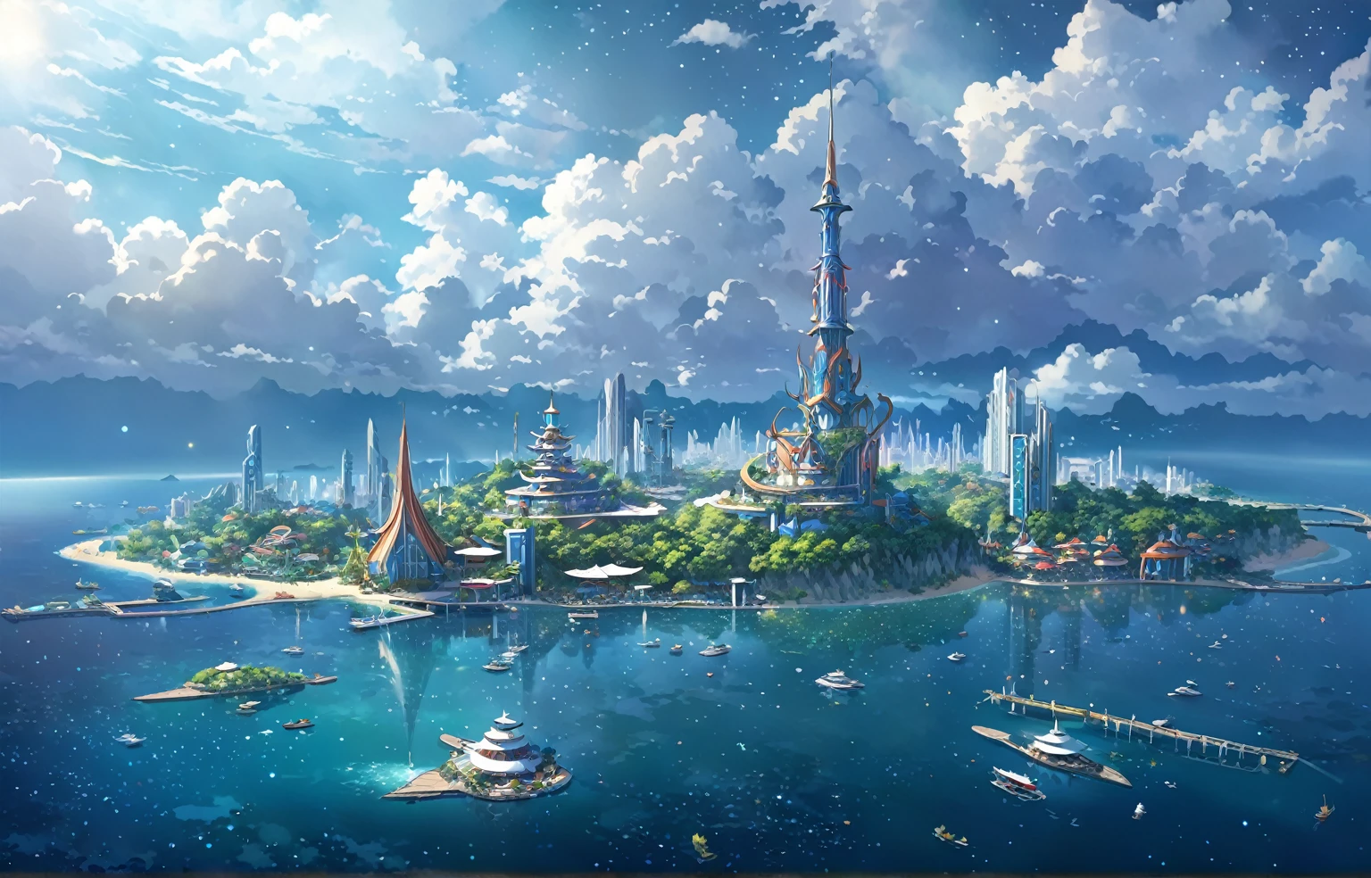 A painting of a Highly detailed, beautiful landscape, Futuristic city fantasy city, metropolitan, theme park, resort, tropical area, city middle of tropical island, beautiful beach, concept art inspired by Tosa Mitsuoki, pixiv contest winner, best quality, fantasy art, beautiful anime scene, , dream painting, Anime Background Art, Fantasy Landscape Art, Fantasy Night, Anime Background, Background Artwork, Fantastic Art, Atmospheric Anime, Starry Sky, Detail Enhanced.