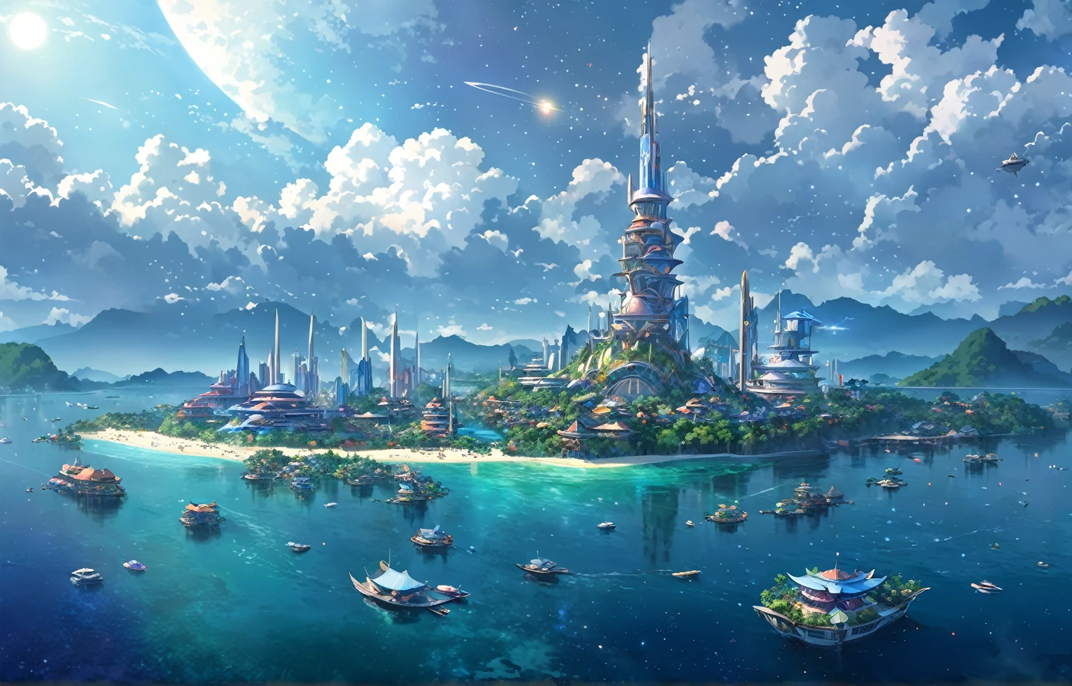 A painting of a Highly detailed, beautiful landscape, Futuristic city fantasy city, metropolitan, theme park, resort, tropical area, city middle of tropical island, beautiful beach, concept art inspired by Tosa Mitsuoki, pixiv contest winner, best quality, fantasy art, beautiful anime scene, , dream painting, Anime Background Art, Fantasy Landscape Art, Fantasy Night, Anime Background, Background Artwork, Fantastic Art, Atmospheric Anime, Starry Sky, Detail Enhanced.
