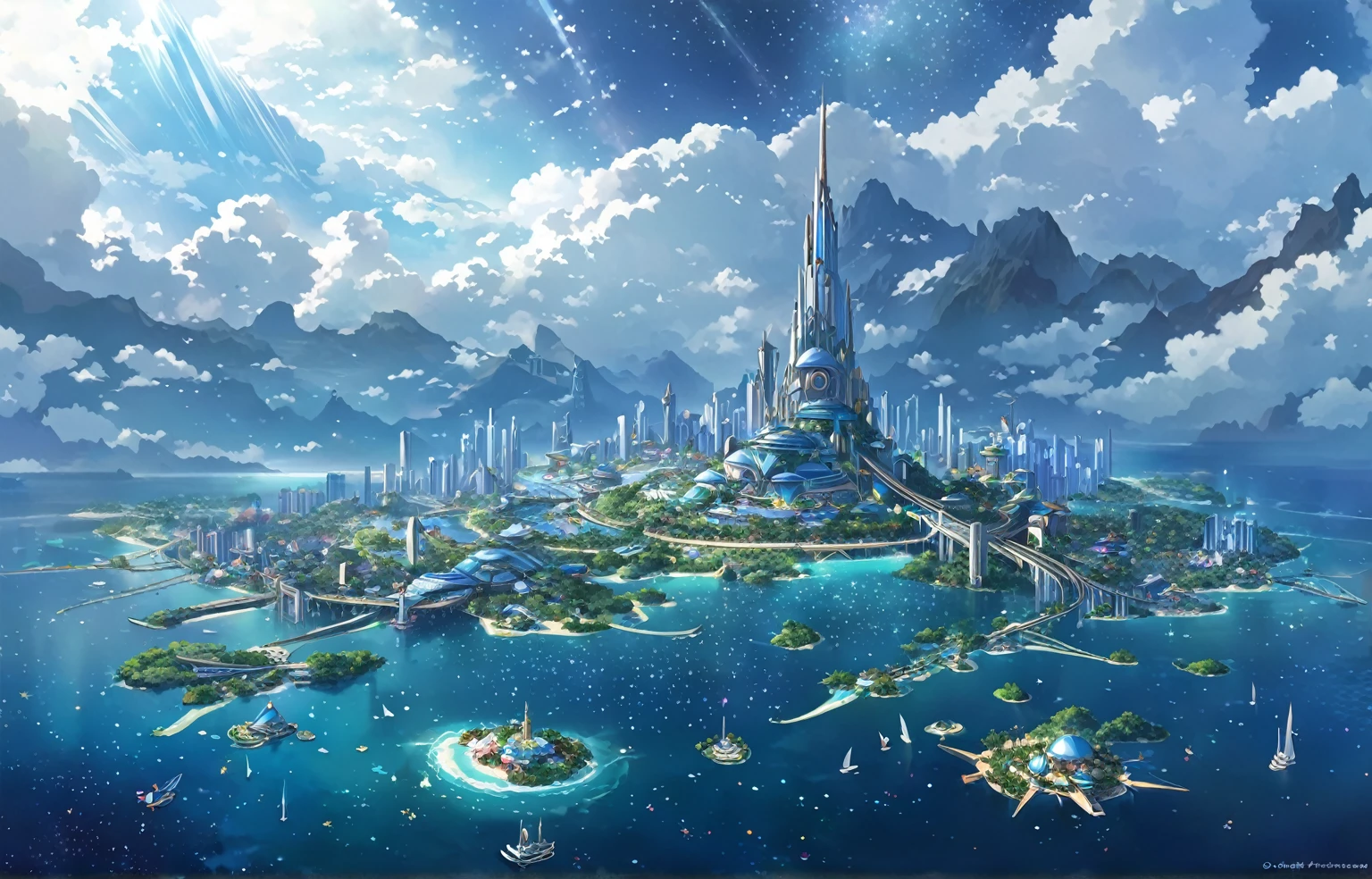A painting of a Highly detailed, beautiful landscape, Futuristic city fantasy city, metropolitan, theme park, resort, tropical area, city middle of tropical island, beautiful beach, concept art inspired by Tosa Mitsuoki, pixiv contest winner, best quality, fantasy art, beautiful anime scene, , dream painting, Anime Background Art, Fantasy Landscape Art, Fantasy Night, Anime Background, Background Artwork, Fantastic Art, Atmospheric Anime, Starry Sky, Detail Enhanced.