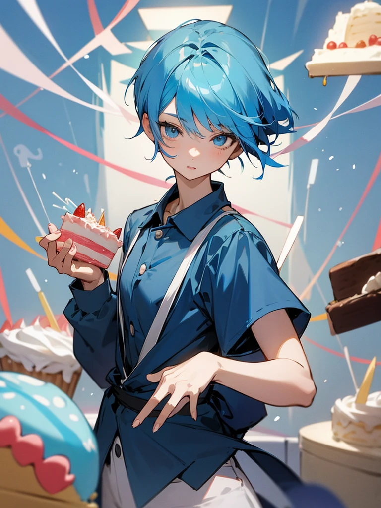 Anime girl short blue hair ,fulfilling years, with a cake in his hands ,celebrating birthday,pelvis pov
