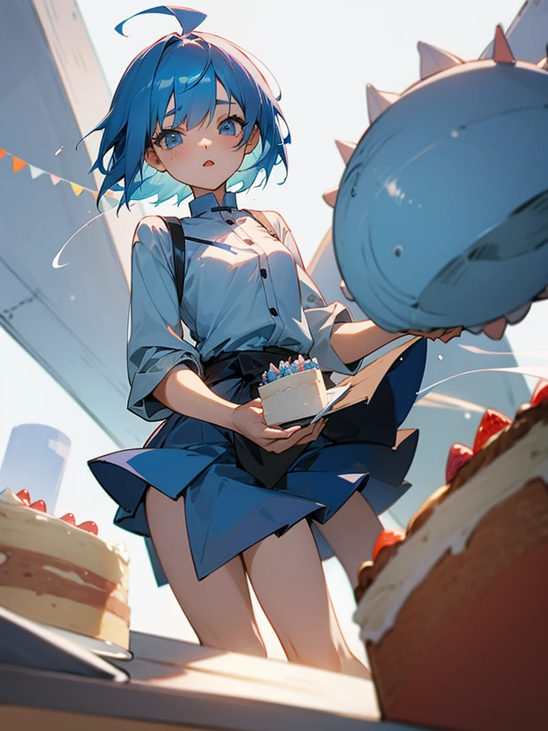 Anime girl short blue hair ,fulfilling years, with a cake in his hands ,celebrating birthday,pelvis pov