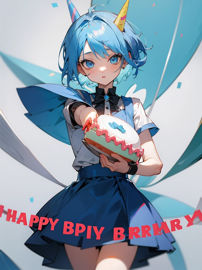 Anime girl short blue hair ,fulfilling years, with a cake in his hands ,celebrating birthday,pelvis pov 