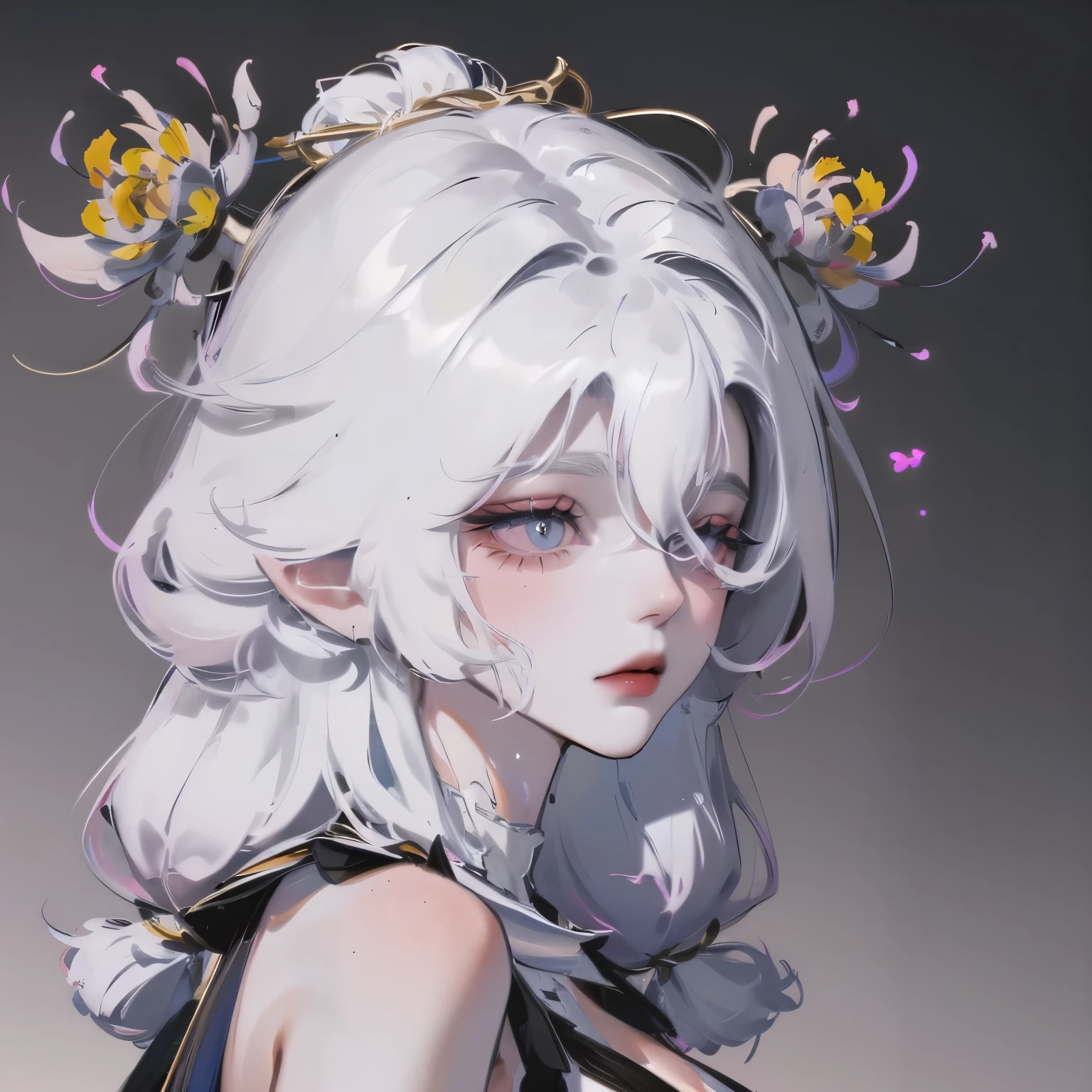 1 Girl,Solitary,1 Girl,Solitary,((Beautiful and delicate eyes)), (Detailed lighting),Depth of Field,(White hair),Silver Eyes,Hair covering one eye,(safflower ), Flowering,Long hair,Black cape,wet,callous,look back,night,Starfall,rain,FOG,safflowers falling,sketch,Upper Body,Strong shadows,