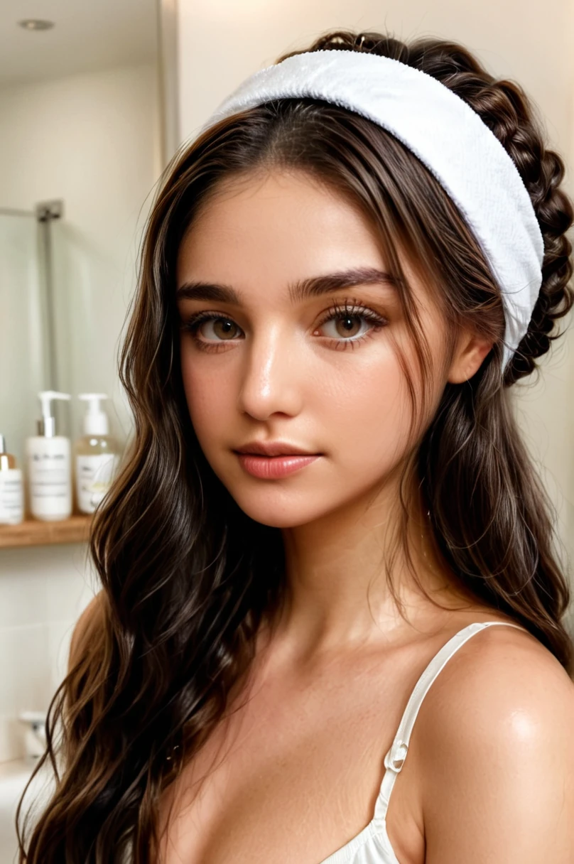"Anikaxxx (anikaxxx), a beautiful woman with long brown hair, is gently exfoliating her face with a natural scrub. She is standing in a bright, modern bathroom and wears a headband to keep her hair back. Her expression is focused and content, showcasing the effectiveness and enjoyment of her skincare routine. The background is clean and stylish, creating an inviting atmosphere for self-care