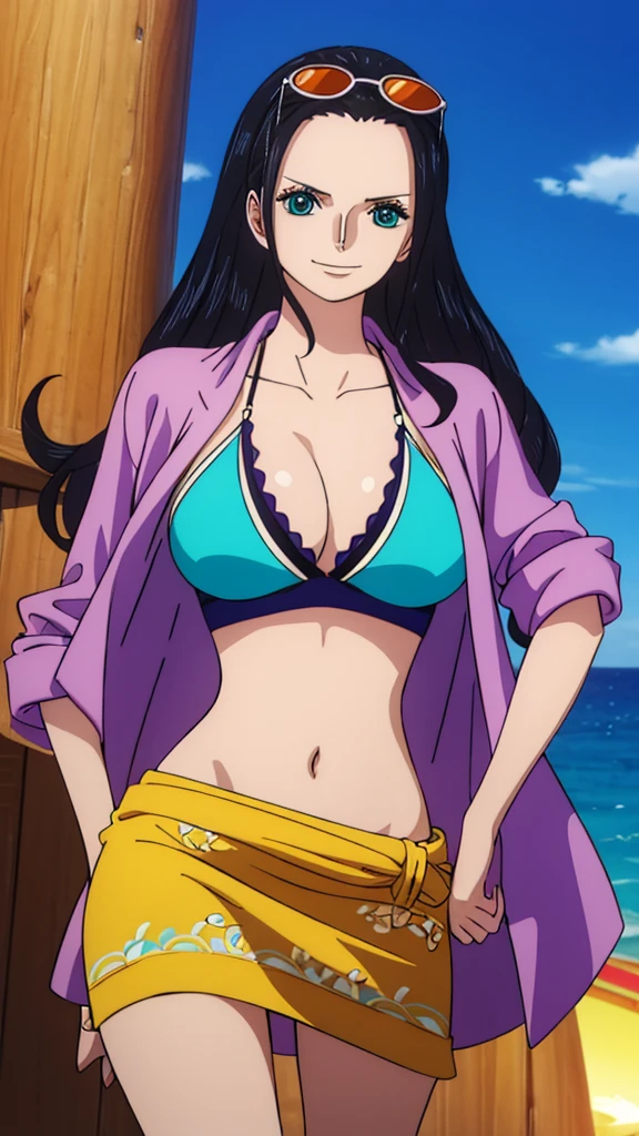 masterpiece, best quality,best illuminate,(((best quality,textile shading,ultra detailed))),extremely detailed CG unity 8k wallpaper,best light,high resolution,detailed,dynamic lighting,intricate details, hyper detail, sharp detail,detailed, highres, intricate details, nico robin, wanostyle, 1girl, aqua eyes, black hair, breasts, cleavage, closed mouth, collared jacket, cowboy shot, crop top, purple cropped jacket, eyewear on head, hair slicked back, hand up, high collar, large breasts, long hair, looking at viewer, midriff, navel, plunging neckline, pose, sarong, short sleeves, smile, solo, standing, stomach, sunglasses, very long hair, flower drawing on jacket, outdoors, sea, hand behind head,