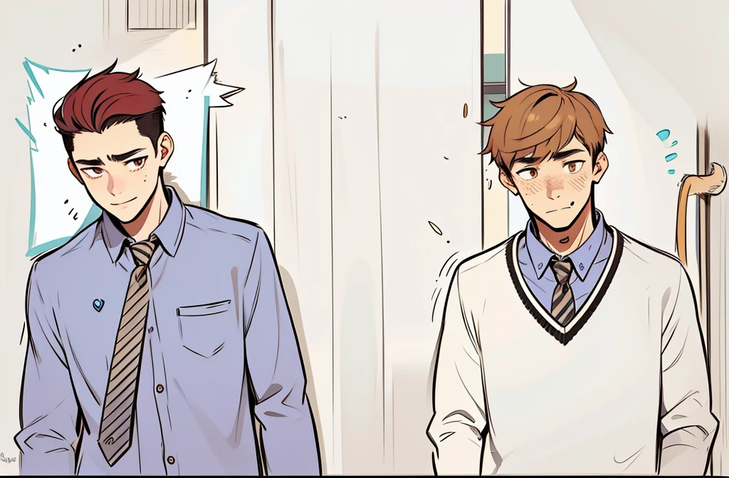 There are two 14-year-old boys, one of them smiles nervously, the other looks at him with pity and affection.