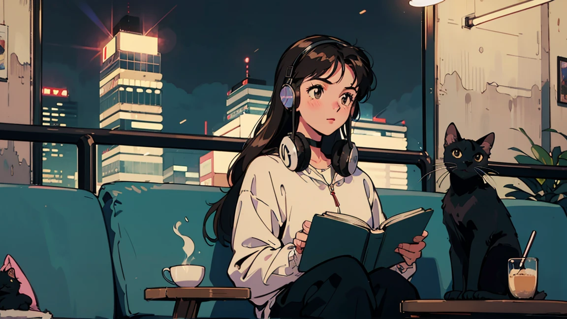 best quality, 8k, 1990s style,2010s hairstyles, 21 year old girl, black hair, long hair, light brown eyes, city pop, pants ,night view, wearing headphones,reading a book, whole body, relax coffee,table,confection,Looking at me, Black cat