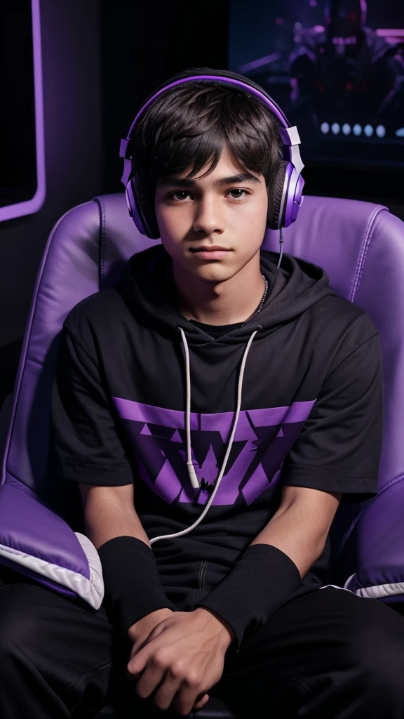 Around 17 age Boy wearing headphones in front of the face playing video games sitting in a gaming chair, dark background with purple details