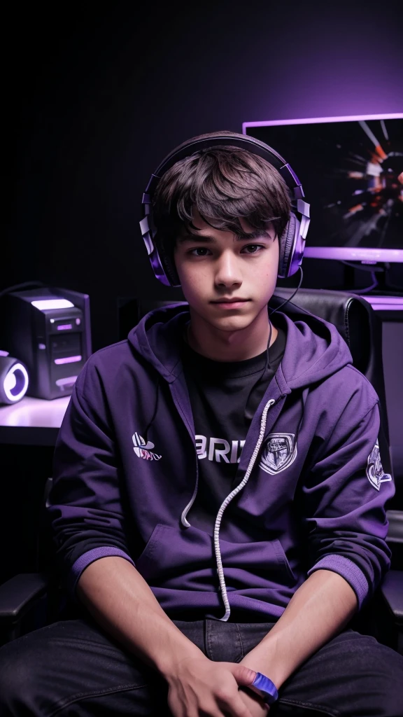 Around Boy wearing headphones in front of the face playing video games sitting in a gaming chair, dark background with purple details