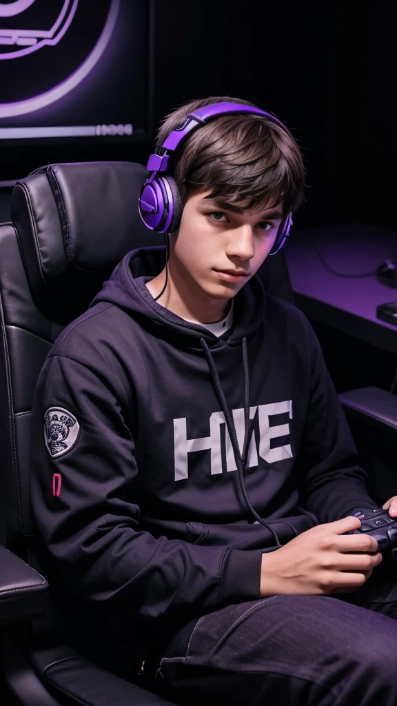 Around 17 age Boy wearing headphones in front of the face playing video games sitting in a gaming chair, dark background with purple details