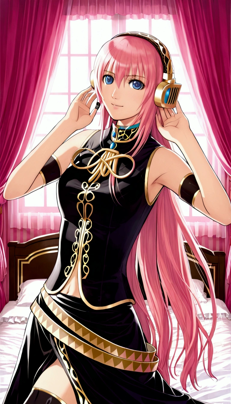 Detailed and beautiful depiction 1.3,Official Art:1.2,Beautiful adult woman ,Megurine Luka in official costume:1.2,Pink long hair,blue eyes,Black and gold costume,headphone,smile,Bedroom