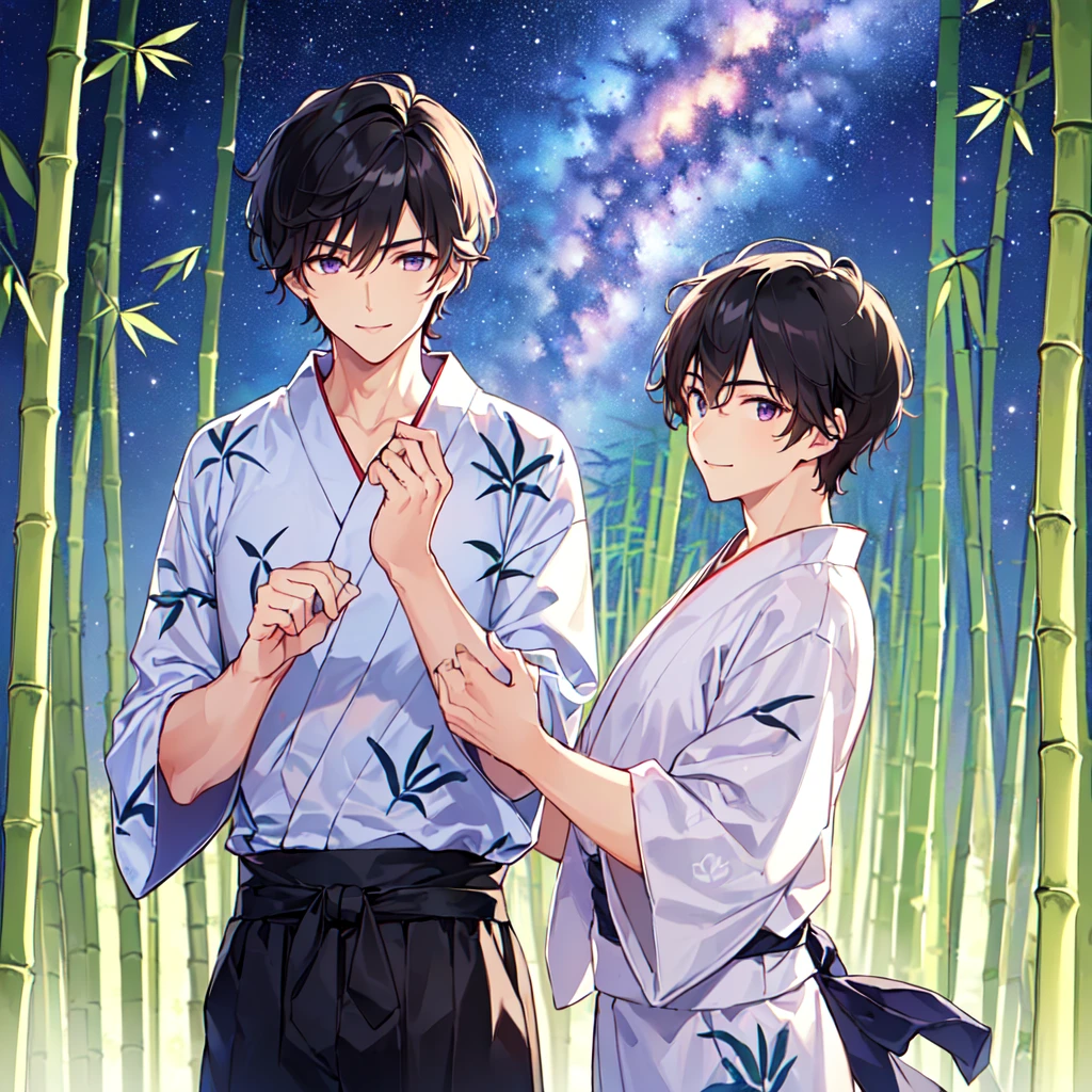 masterpiece,best quality,high quality,(1 male austere handsome solo adult age 30:1.5), purple eyes, cool with drooping eyes, V-shaped eyebrows, body strong and fearless 8.5 head tall, height 185cm, (well-groomed short black hair down to neck:1.4), (bangs 7 thirds parted:1.4), slender nose, facial muscles, throat, (Japanese print summer yukata with short sleeves and pants:1.3), (stylish pose), (cool smile:1.3), (bamboo forest in background:1.3), (Milky Way Night Sky: 1.3), (upper body:1.3)