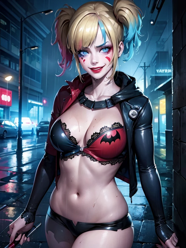 Harley Quinn being batman  , rain-drenched street, soaked clothes clinging to body, no underwear, wicked smile, Batman costume. , detailed face, beautiful eyes, detailed lips, detailed nose, detailed facial features, highly detailed, 8k, photorealistic, hyper-realistic, dynamic lighting, dramatic shadows, cinematic, cinematic lighting, dark and moody, neon lights, glowing rain, puddles, rain-slicked pavement, wet hair, rain dripping, reflections, fantasy, comic book style