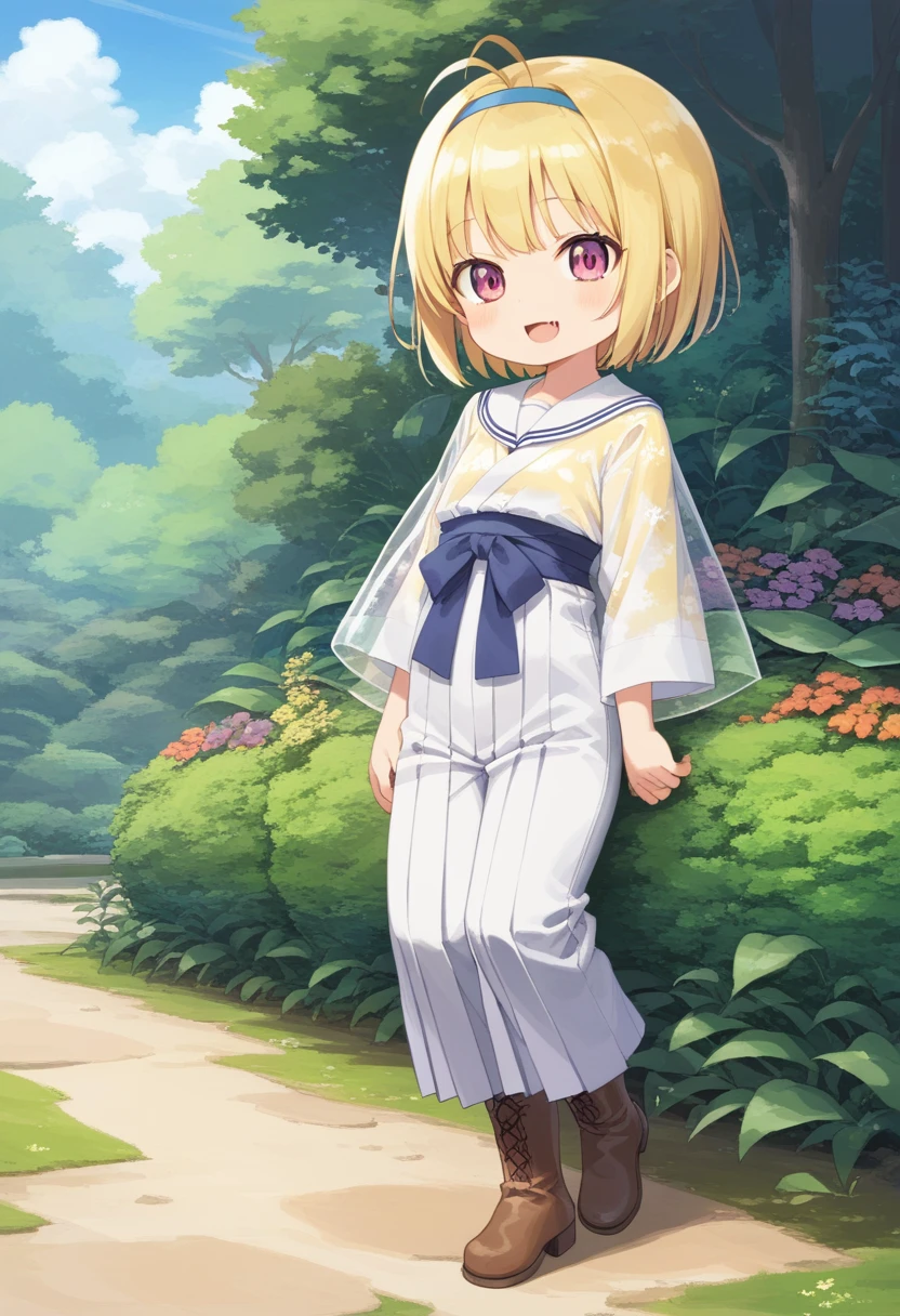 score_9, score_7_up, score_6_up, 1girl, source_cartoon, source_anime,breathtalking Scenery,watercolor,smooth soft skin, natural skin,rating_safe,bfg,mjm
BREAK
(little female child:1.8), (loli:1.8), 4 years old, (loli toddler:1.1),flat chest,baby face,oily skin, ultra cute face, happy smile,beautiful eyes, detailed eyes, puffy eyes,
BREAK
(short blond hair:1.6) messy hair,(fang:1.1), (pink eyes:1.1), highlight on eyes, antenna hair,double tooth,(blond hair:1.1),
BREAK
(long-sleeved kimono inspired white sailor uniform:1.1),(burberry check patterned hakama:1.5),wear a transparent material excessive long-sleeves over a white sailor uniform,(transparent material cape:1.3),(long hem coral brack hakama:1.5),sash,head band,(Leather boots:1.3),
BREAK
kawaii,outdoors,flowergarden,flowerbackground,