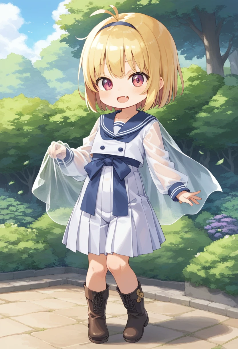score_9, score_7_up, score_6_up, 1girl, source_cartoon, source_anime,breathtalking Scenery,watercolor,smooth soft skin, natural skin,rating_safe,bfg,mjm
BREAK
(little female child:1.8), (loli:1.8), 4 years old, (loli toddler:1.1),flat chest,baby face,oily skin, ultra cute face, happy smile,beautiful eyes, detailed eyes, puffy eyes,
BREAK
(short blond hair:1.6) messy hair,(fang:1.1), (pink eyes:1.1), highlight on eyes, antenna hair,double tooth,(blond hair:1.1),
BREAK
(long-sleeved kimono inspired white sailor uniform:1.1),(burberry check patterned hakama:1.5),wear a transparent material excessive long-sleeves over a white sailor uniform,(transparent material cape:1.3),(long hem coral brack hakama:1.5),sash,head band,(Leather boots:1.3),
BREAK
kawaii,outdoors,flowergarden,flowerbackground,
