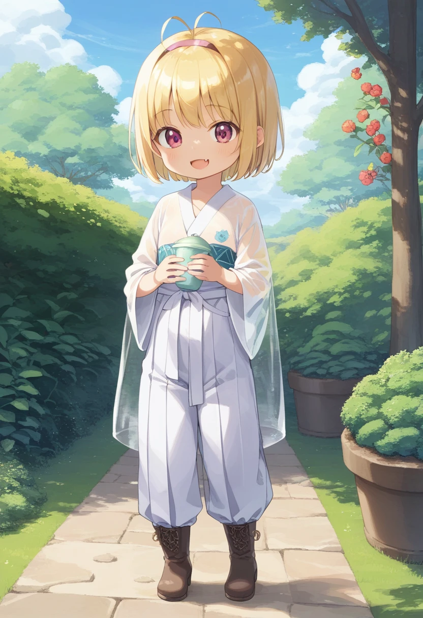 score_9, score_7_up, score_6_up, 1girl, source_cartoon, source_anime,breathtalking Scenery,watercolor,smooth soft skin, natural skin,rating_safe,bfg,mjm
BREAK
(little female child:1.8), (:1.8), 4 yeoli toddler:1.lat chest,baby face,oily skin, ultra cute face, happy smile,beautiful eyes, detailed eyes, puffy eyes,
BREAK
(short blond hair:1.6) messy hair,(fang:1.1), (pink eyes:1.1), highlight on eyes, antenna hair,double tooth,(blond hair:1.1),
BREAK
(long-sleeved kimono inspired white sailor uniform:1.1),(burberry check patterned hakama:1.5),wear a transparent material excessive long-sleeves over a white sailor uniform,(transparent material cape:1.3),(long hem coral brack hakama:1.5),sash,head band,(Leather boots:1.3),
BREAK
kawaii,outdoors,flowergarden,flowerbackground,
