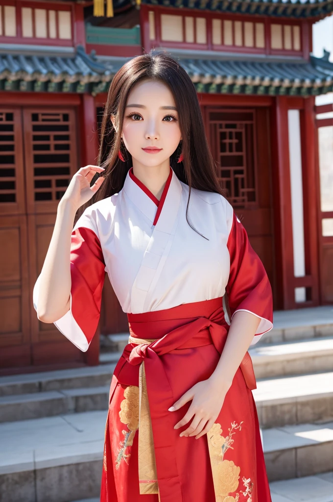 She is wearing a Chinese court hanbok, and you can see her breasts and stomach. Her hair is shaped like an old Chinese palace. 30 years old The background is a Chinese palace