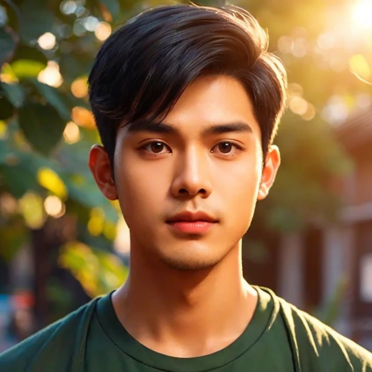 Close-up photo, A young Southeast Asian man with a round face., Short, cropped hair,black eyes,abdominal muscles, perfect body, outdoor, Warm light, The morning sun shines beautifully., (digital painting, HDR, high contrast), 3d, 8k, 45,000,000 pixcls, realistically,