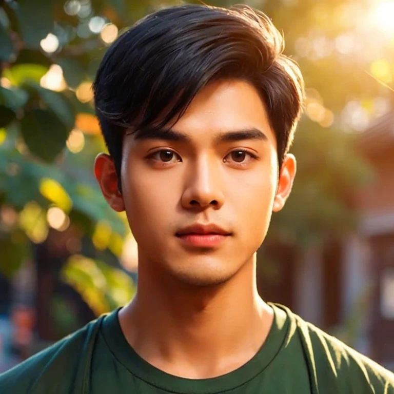 Close-up photo, A young Southeast Asian man with a round face., Short, cropped hair,black eyes,abdominal muscles, perfect body, outdoor, Warm light, The morning sun shines beautifully., (digital painting, HDR, high contrast), 3d, 8k, 45,000,000 pixcls, realistically,
