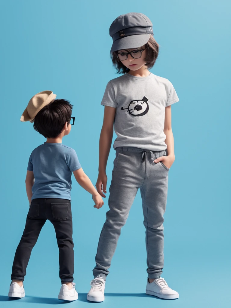 cute clay Short gray haired boy wearing a hat, glasses, t-shirt, tight pants, black shoes, facing straight, standing next to a kitten, light blue background, 3D isomatric animation
