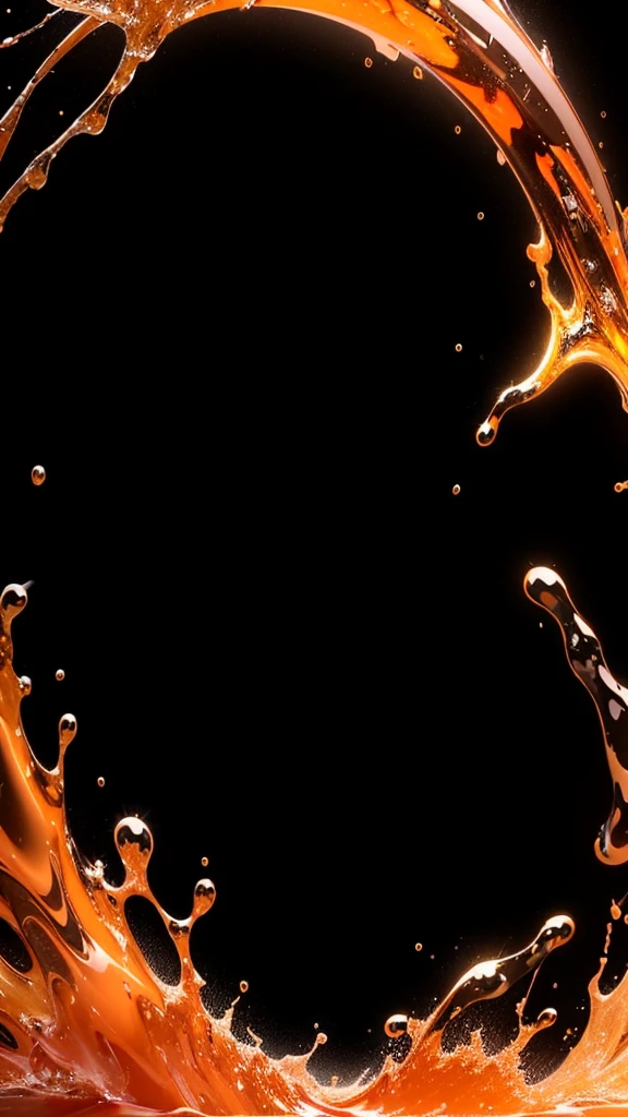 Close-up of round orange liquid, брызгающей on a black background, liquid gold and black liquid, splashed liquid, oil seems to be leaking, Oil leakage, dripping oil, Abstract liquid, Fluid Simulation Background, Simulation of black liquid, Black Spray, on a black background, Liquids, 3D rendering of fluid simulation, black water background, Fluid modeling in Houdini