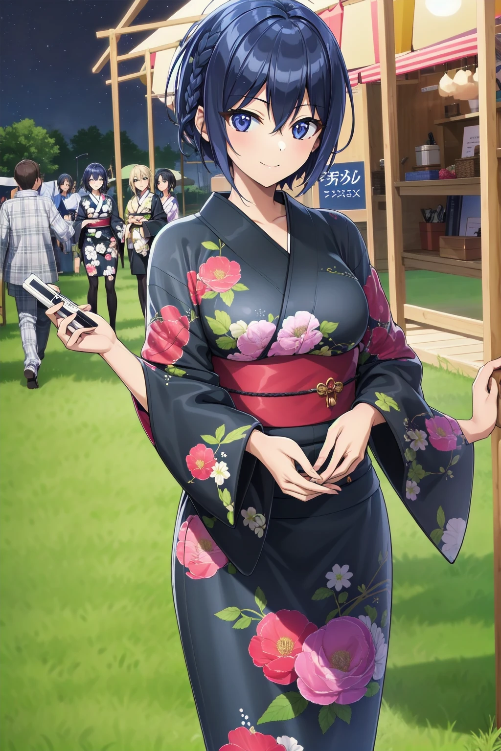 1girl, solo, short hair,
braid, eyebrows visible through hair, purple hair,
smile, cowboy shot, look at viewer,
kimono, yukata, outdoor, night, festival background, lights,