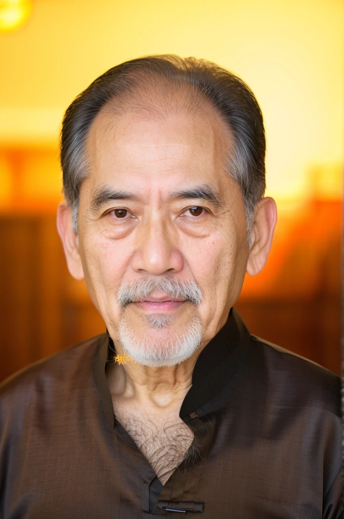 RAW photo of an 80 year old man, wearing a black ao dai, Asian, short black hair, long white beard, long white mustache, real face, real skin, (photorealistic:1.4), (high Detail soft skin :1.2 ), 8k uhd, dslr, Soft light, high quality, film grain, Fujifilm XT