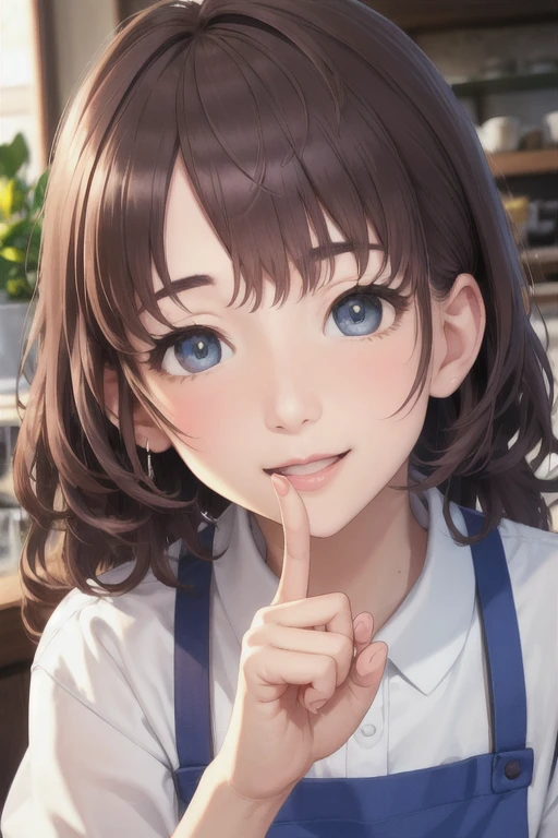 girl,Character design sheet,Beautiful attention to detail,Beautiful lip detail,Very detailed目と顔,Long eyelashes,Realistic,photoRealistic:1.37,Very detailed,Professional,Vibrant colors,Portraiture,Studio Lighting,Sharp focus,Physically Based Rendering,High resolution,超High resolution. blue eyes,Big eyes, Close ~ eyes,Long Hair,Curly hair、Black Hair,Red cheeks,Lower eyes,apron,White Shirt,Chino pants,Open your mouth a little,Coffee shop,stand,Smile,index finger