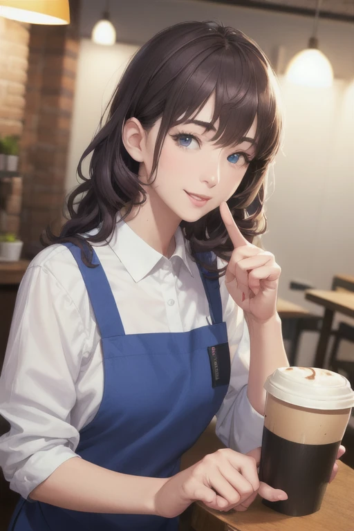 girl,Character design sheet,Beautiful attention to detail,Beautiful lip detail,Very detailed目と顔,Long eyelashes,Realistic,photoRealistic:1.37,Very detailed,Professional,Vibrant colors,Portraiture,Studio Lighting,Sharp focus,Physically Based Rendering,High resolution,超High resolution. blue eyes,Big eyes, Close ~ eyes,Long Hair,Curly hair、Black Hair,Red cheeks,Lower eyes,apron,White Shirt,Chino pants,Open your mouth a little,Coffee shop,stand,Smile,index finger