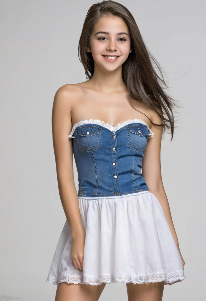 She is around , has a , your hair is white, reaching the shoulders, your eyes are brown, has every strand of hair detailed, the white of your hair draws a lot of attention, she is white too, has aa expressão sorridente, wear blue jeans, wears a white strapless dress with sleeves and has all star shoes.