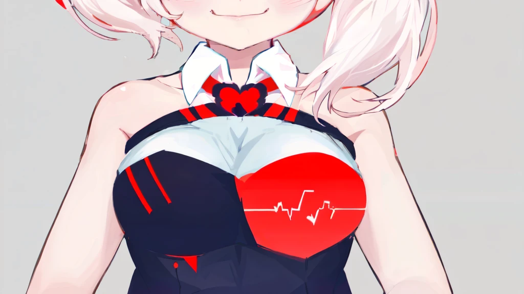 anime girl with white hair and a red heart on her chest, yandere. tall, junko enoshima from danganronpa, gapmoe yandere, yandere, digital art from danganronpa, yandere intricate, [[[[grinning evily]]]], attractive matoi ryuko, kantai collection style, heart emblem on chest