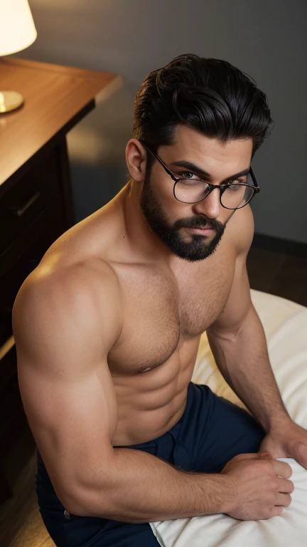 In a dark, moody room with dim lighting, a well-built, large man with a lightly tanned complexion and a slightly rounder face is seated. He has short, very curly dark hair, well-cut and shorter on the sides, and wears glasses with rectangular frames. His facial expression is intricate and captivating, with a well-groomed beard and captivating eyes. He is dressed in a blue shirt, his shirt unbuttoned, navy formal pant, and he sports a gold watch. The man is standing in room with a glossy texture. The image should be photorealistic, with vibrant colors, high-resolution quality, and dramatic shadows and highlights, adding a hint of mystery to the atmosphere. The overall composition should be tasteful and artistic, capturing the mood and setting without explicit content, full body in photo, head to toe, from above view, hot poses, showing His perfect( monster penis) is (coming out) of his pant,masterpieces, hot pornography, yummy penis, seductive, erotic, exotic, sexy photo, monster penis showing