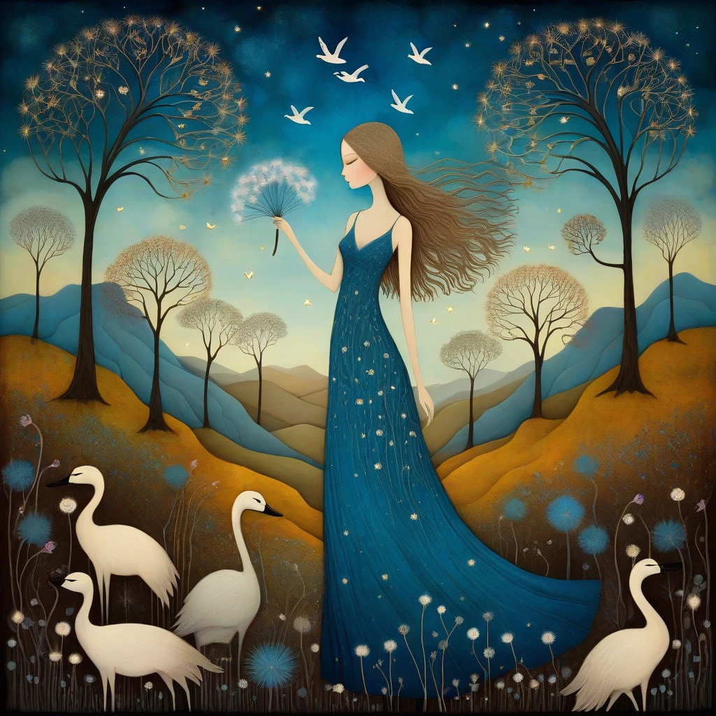 In the style of, Andy Kehoe. Ethereal naked woman, dark blond hair, blue eyes, wearing a long dress with dried flower motifs. Around her stylized cats and swans. Background, hills, trees, blooming dandelion flowers.