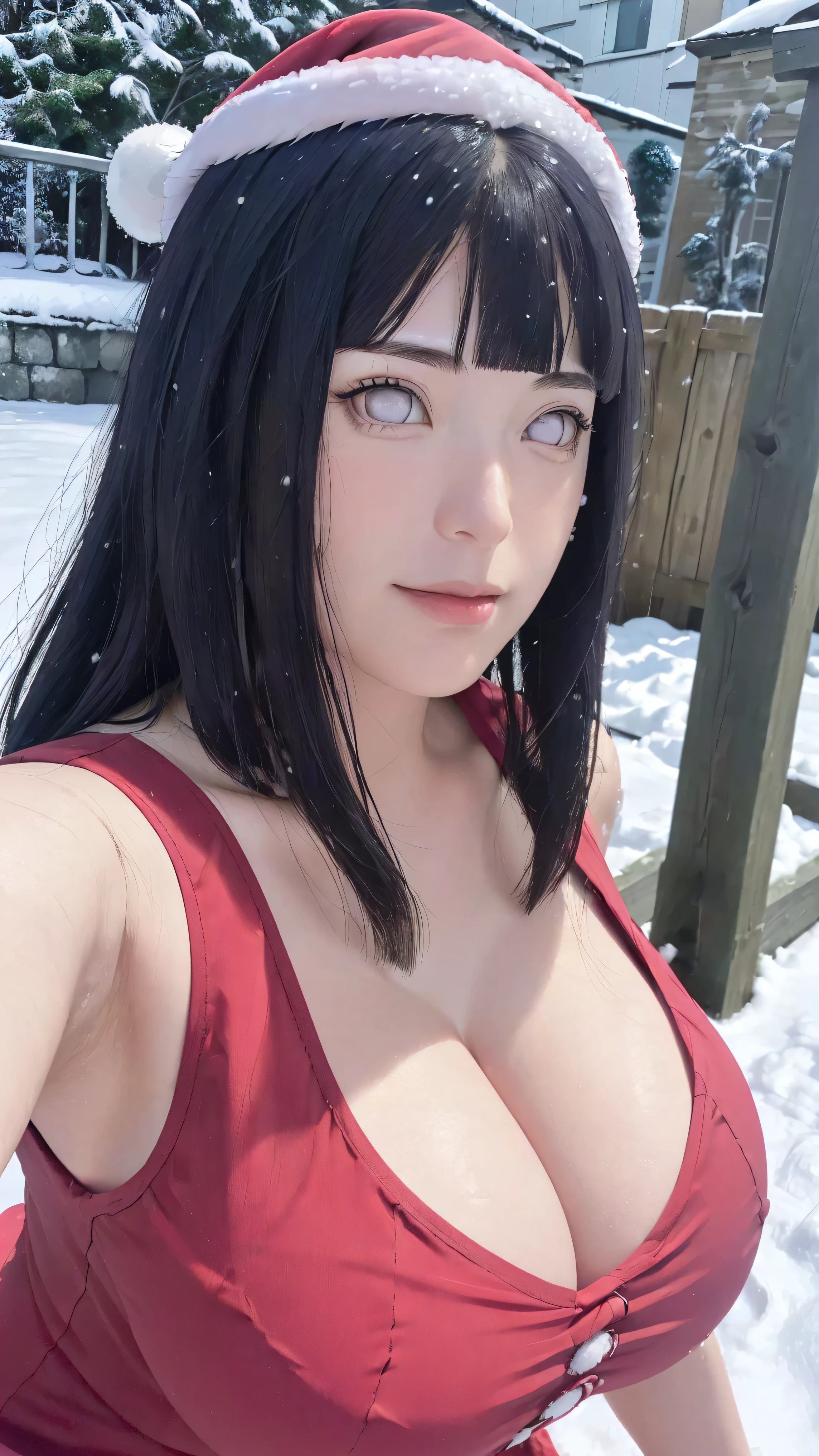 masterpiece, hinata\(boruto\), 1girl, mature women, (((red dress santa))), (((Close-up photo))), (((Selfie))), (((cleavage))), (((Closed Clothing))), (((Christmas hat))), (((big breasts))), (((big round breasts))), (((round breasts))), (((extremely heavy breasts))), (((Colossal tits))), (((heavy breasts))), (((plump breasts))), (((perfect breasts))), (((Outdoor))), (((snow falls))), (((snow))), (shy face), detailed lips, beautiful face, blush, (pink lips), (((long hair))), white eyes, gentle gaze, smile, super realistic, detailed, realistic face and body, realistic hair, realistic eyes, realistic nose, realistic lips, seductive pose, (((straight bangs))), (dark blue hair), 28 year old girl