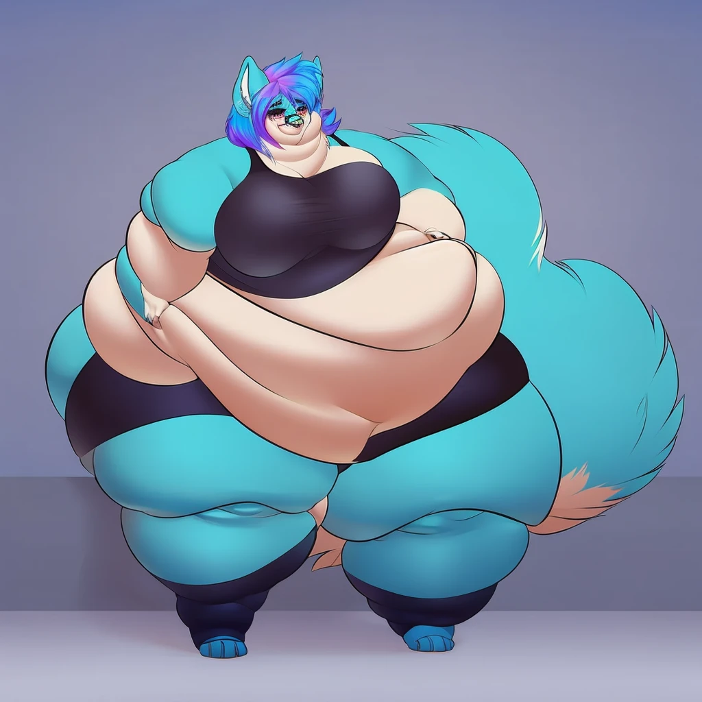 Malamute, female, long blue hair, black and blue body,huge breasts, huge hips, huge thighs, plump, voluptuous, morbidly obese, gorgeous, beautiful, eyelashes, black tank top, black skirt,fat arms, fat legs, belly rolls, fat rolls, hip fat rolls, double chin, chubby cheeks ,cyan hair,cyan fur, cyan eyes,pear-shapped figured, plantigrade, glasses