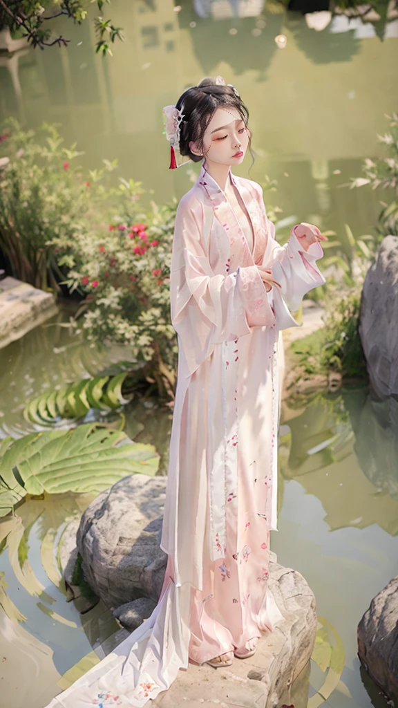 Arad woman in pink dress sitting on a rock by the pond, Palace ， A girl in Hanfu, Hanfu, Wearing ancient Chinese clothes, inspired by Tang Yin, White Hanfu, ancient chinese beauti, Traditional Chinese clothing, with acient chinese clothes, standing gracefully upon a lotus, Beautiful rendering of the Tang Dynasty, inspired by Ma Lin