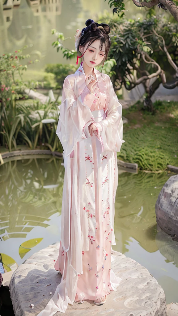Arad woman in pink dress sitting on a rock by the pond, Palace ， A girl in Hanfu, Hanfu, Wearing ancient Chinese clothes, inspired by Tang Yin, White Hanfu, ancient chinese beauti, Traditional Chinese clothing, with acient chinese clothes, standing gracefully upon a lotus, Beautiful rendering of the Tang Dynasty, inspired by Ma Lin